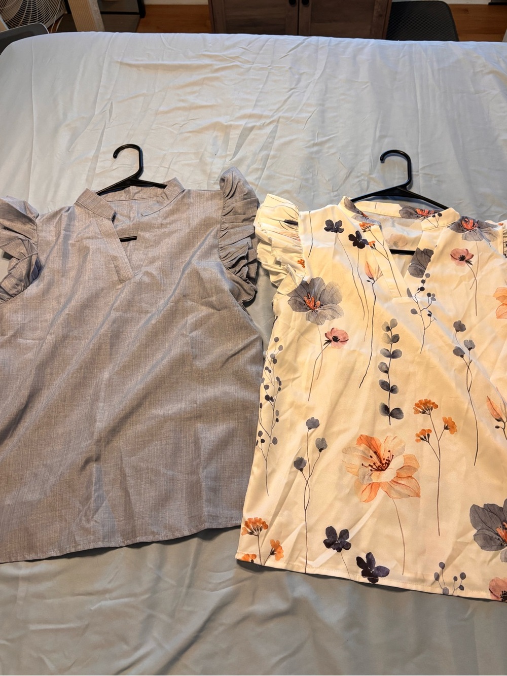 SHEIN Ruffle Sleeve Floral Cream blouse and blue blouse set
